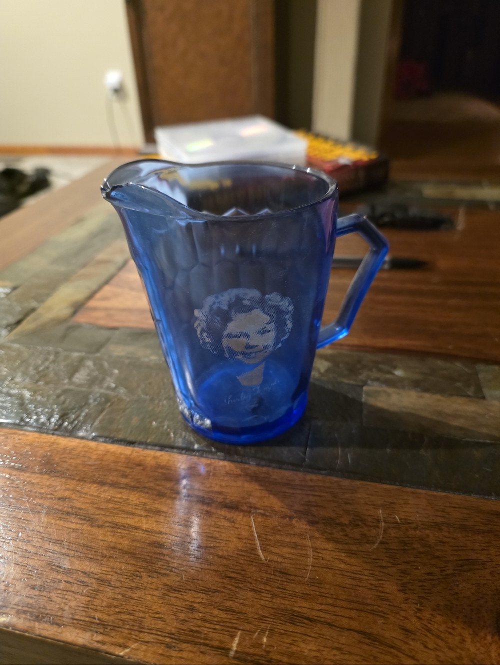 Blue Glass Creamer Pitcher with Shirley Temple Portrait Motif
